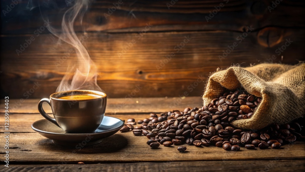 Poster a steaming cup of coffee with a rustic wooden background and a burlap sack overflowing with roasted 