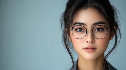 Fototapeta premium Woman in eyeglasses, neutral background, studio portrait, for fashion or lifestyle stock