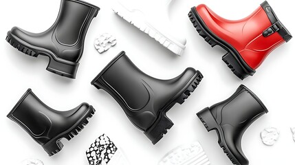 Obraz premium Stylish Black Red Rain Boots Collection Fashion Footwear Trendy Rubber Boots
