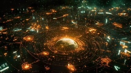 Fototapeta premium Futuristic Earth-centered network with glowing crypto nodes and IoT connections, symbolizing global digital connectivity.