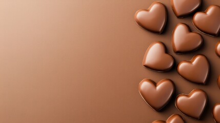 Fototapeta premium Heart-shaped chocolates scattered on a textured cocoa background.