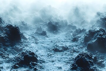 Obraz premium Mystical Landscape of Rocky Terrain Shrouded in Atmospheric Fog