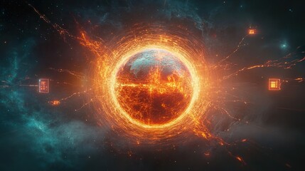 Futuristic Earth-centered network with glowing crypto nodes and IoT connections, symbolizing global digital connectivity.