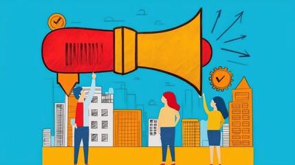 People sharing ideas using a large megaphone in a cityscape.