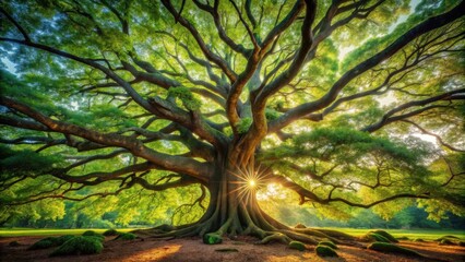 Fototapeta premium A Majestic Tree Stands Tall, Its Branches Reaching for the Sun, Casting a Canopy of Shade on the Lush Green Grass Below