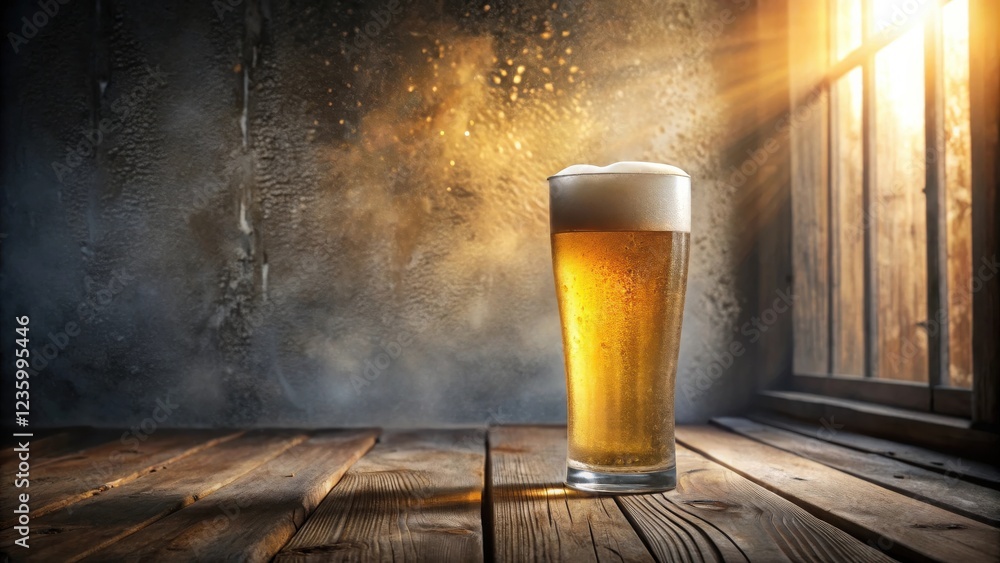 Poster a frosty glass of beer sits on a rustic wooden table with a blurred backdrop of a window and sunligh