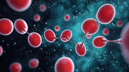 Microscopic Red Organisms in Teal Background