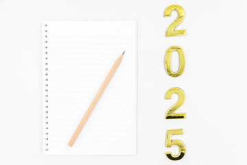 Gold 2025 numerals on a white background. 2025 New Years Eve Celebration, Holiday background Happy New Year 2025. Numbers of year 2025, celebrating New Year holiday, Space for text