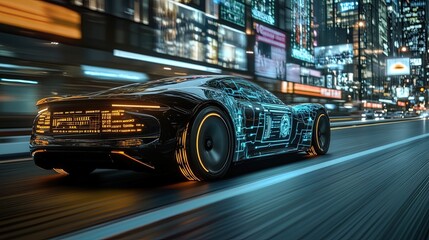 Obraz premium 5G-enabled self-driving car on a city road, holographic interface showing connectivity, futuristic theme 