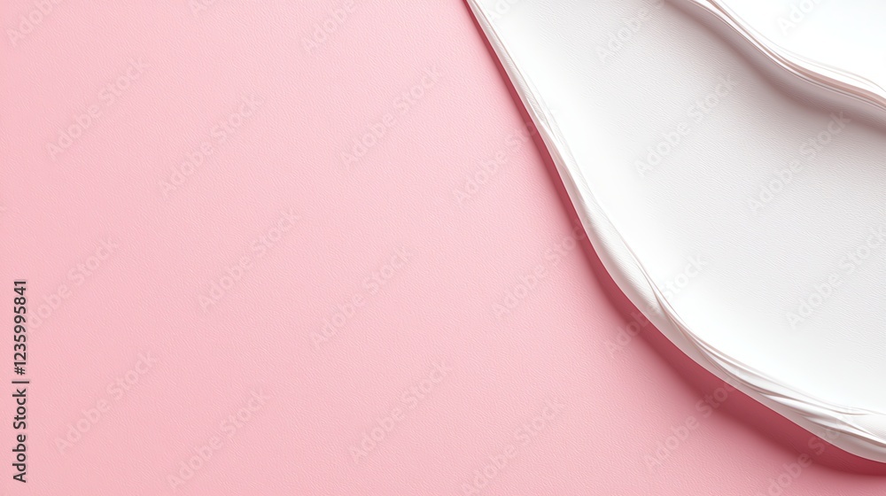 Poster abstract design with white wavy patterns over a soft pastel pink background, creating a minimalist a