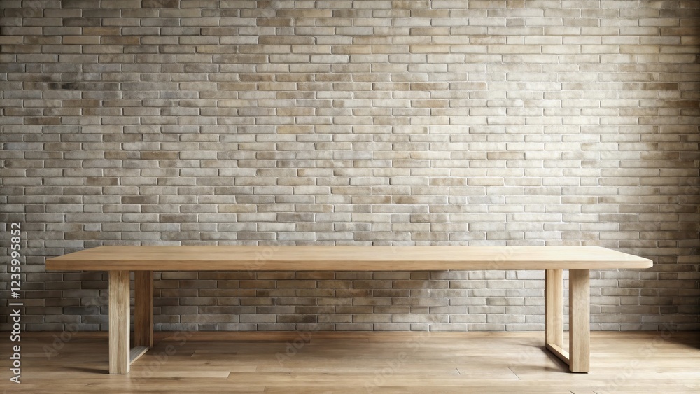 Poster A rustic wooden table sits before a brick wall, creating a minimalistic and inviting setting.