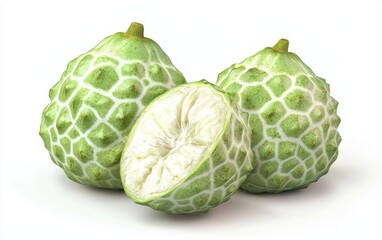 Fresh cherimoya with green scaly skin and creamy white flesh isolated on a white background