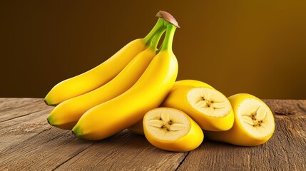 A bunch of ripe African bananas on a rustic wooden table, showcasing their vibrant yellow color and unique shape
