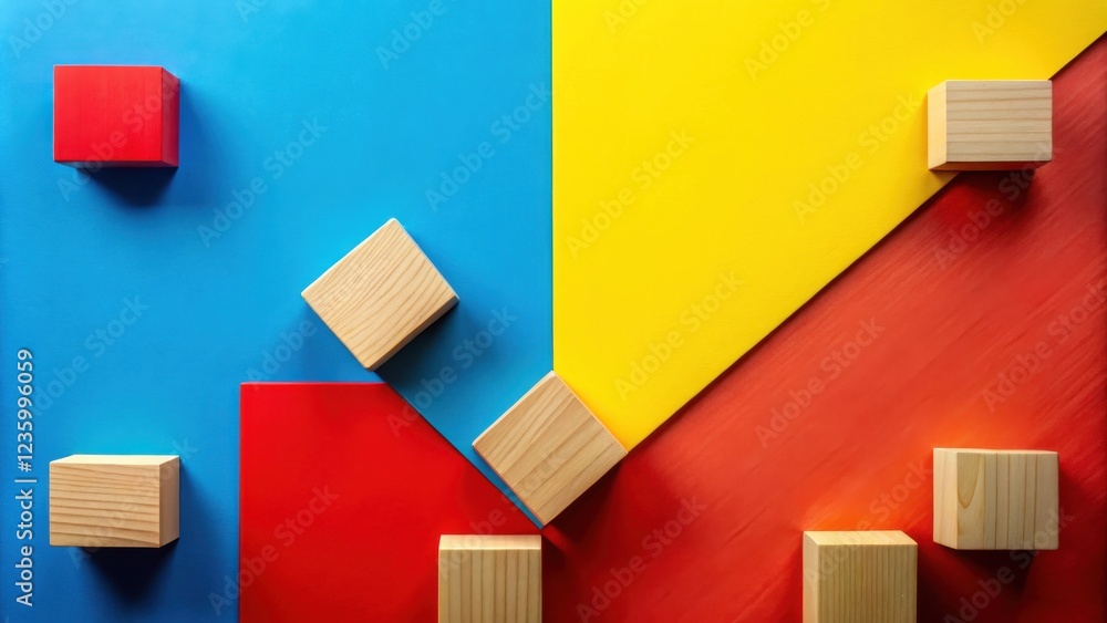 Aufkleber wooden blocks arranged on a colorful backdrop of blue, yellow, and red. the blocks create a sense of