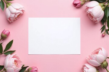 plain white card surrounded by lush vibrant peonies pink background