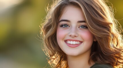 Naklejka premium A close-up portrait of a young woman with a wide, genuine smile, showcasing joy and happiness, soft natural lighting