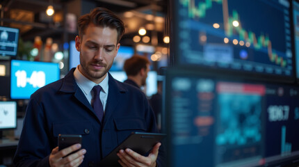 Trader checks smartphone and tablet surrounded by stock market monitors in office. The concept is of finance, investment, trading, and technology. 
