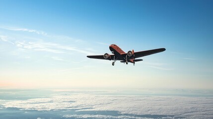 Retro Red Airplane Flying Above Cloudscape