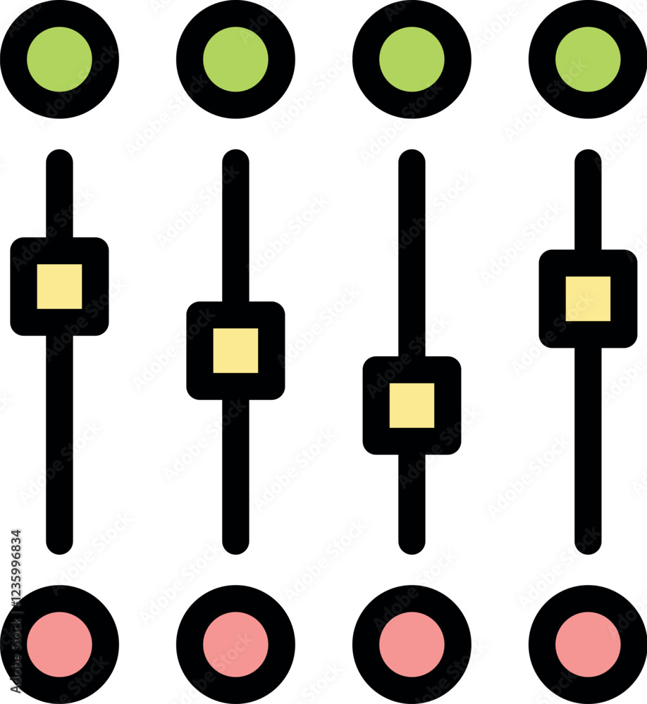 Poster adjusting audio levels or settings with four vertical sliders, symbolizing control and precision in 