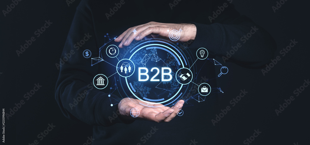 Aufkleber futuristic b2b network concept with connected icons and hands framing a glowing digital interface on