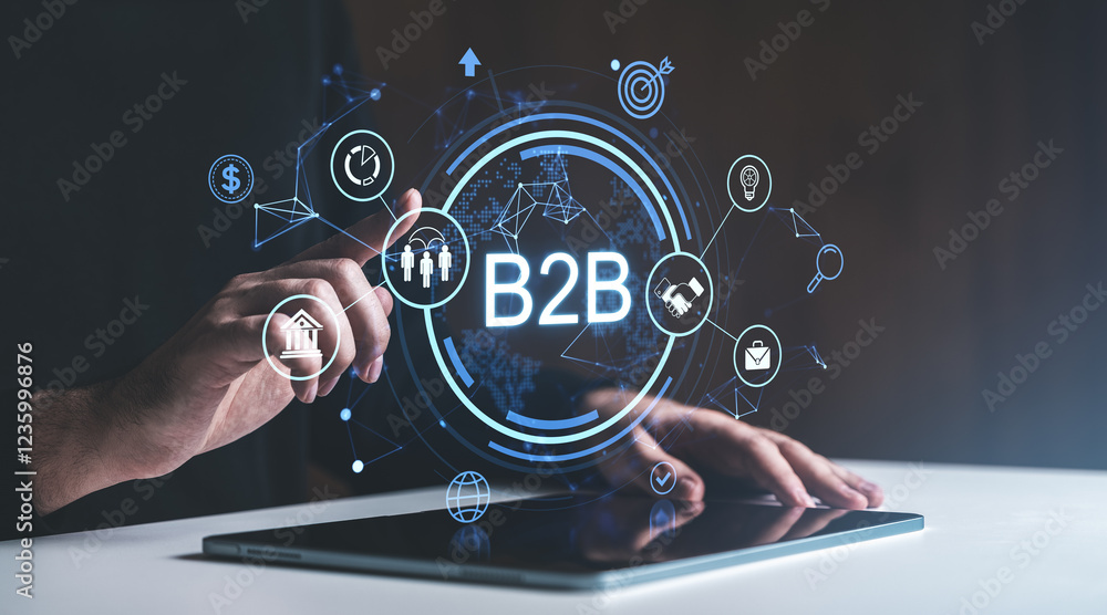 Poster businessman interacting with b2b icons on a digital screen, representing business networking and col