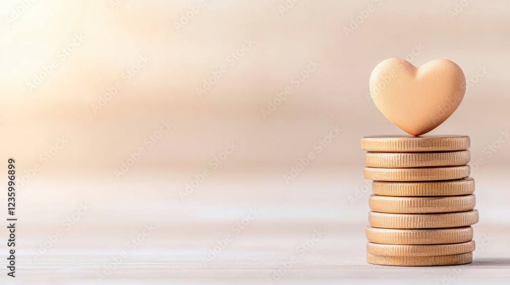 Poster a heart-shaped object balances on a stack of coins, symbolizing the connection between love and weal