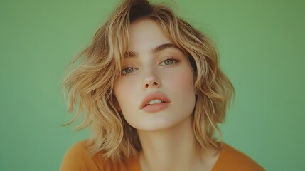 Naklejka premium Young woman, close-up portrait, against solid background, possible use for fashion or beauty