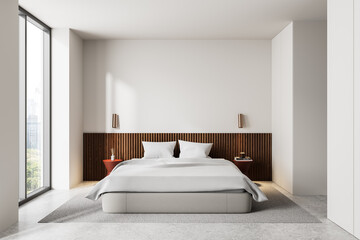 Minimalist bedroom with wooden accent wall and large window. 3D Rendering