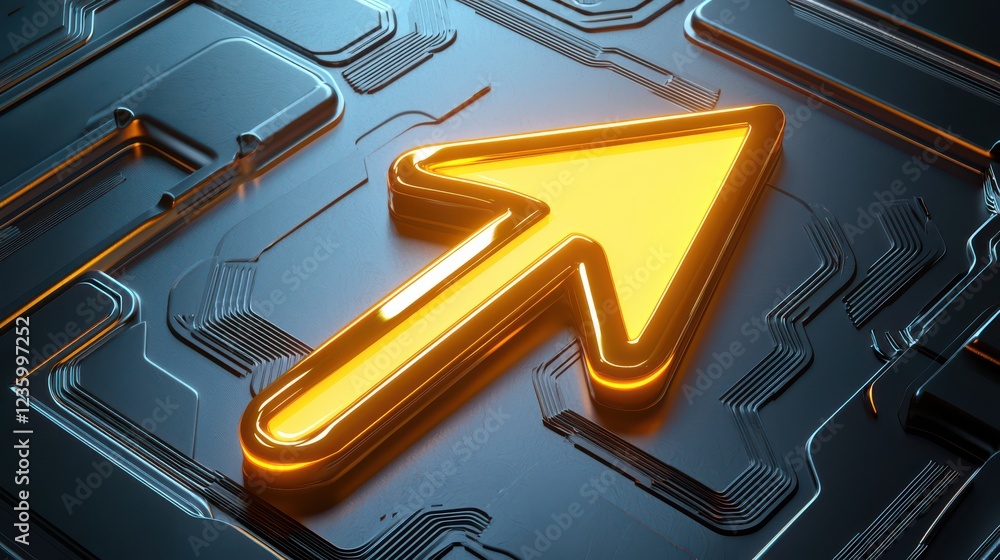 Poster a glowing arrow symbol pointing forward, embedded in a futuristic metallic surface, symbolizing dire