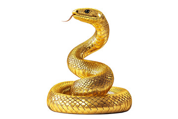 Fototapeta premium Coiled golden snake sculpture with detailed scales isolated on white transparent background, reptiles or wildlife, symbolizing Chinese Lunar New year