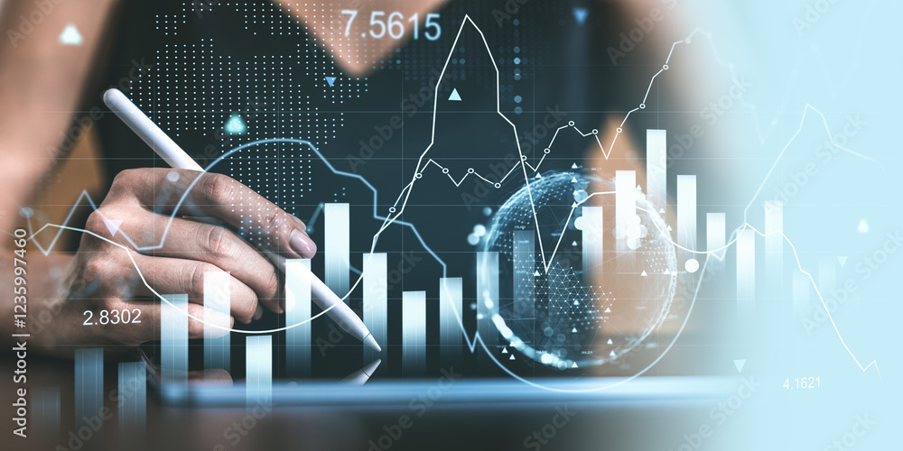 Poster business professional analyzing financial data with futuristic charts and graphs on a transparent di
