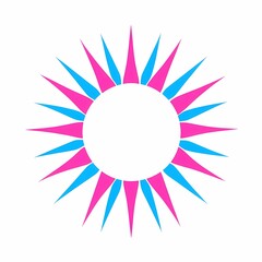 Abstract sunburst logo in pink and blue.