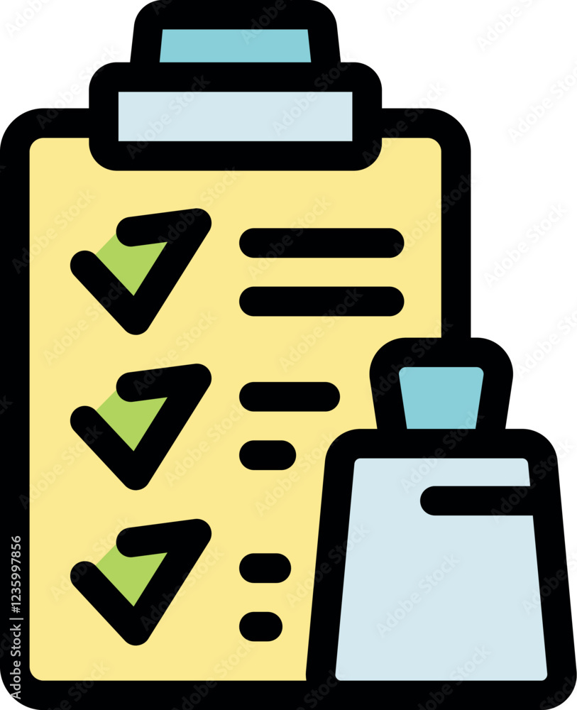 Poster clipboard showing completed tasks with check marks and a file symbolizing successful completion