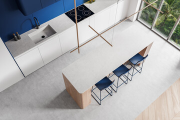 Modern kitchen design with island and blue accents. 3D Rendering