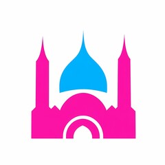 Fototapeta premium Abstract pink and blue mosque icon with dome and minarets.