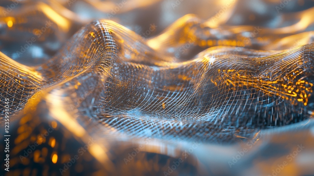 Poster abstract 3d rendering of wavy mesh surface illuminated with golden light