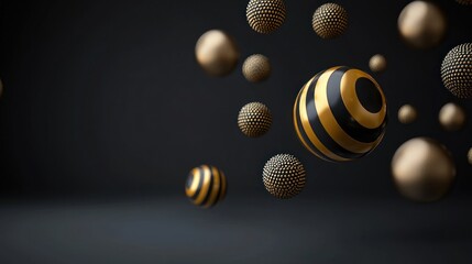 Fototapeta premium Floating Gold and Black Spheres on Dark Background