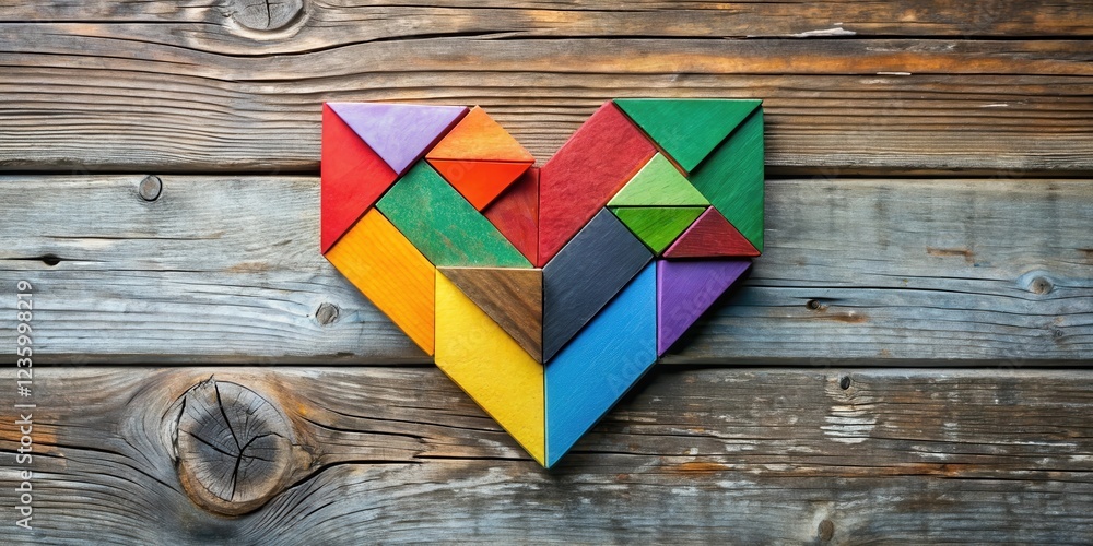 Poster A heart shape created by a combination of differently colored wooden puzzle pieces placed on a wooden surface