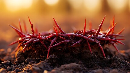 Obraz premium A crown of thorns placed at the base of a rustic wooden cross on a hill.