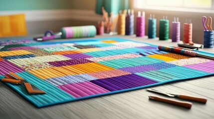 Fototapeta premium A patchwork quilt spread out on a table, showcasing vibrant colors and intricate designs, with tools of the trade nearby