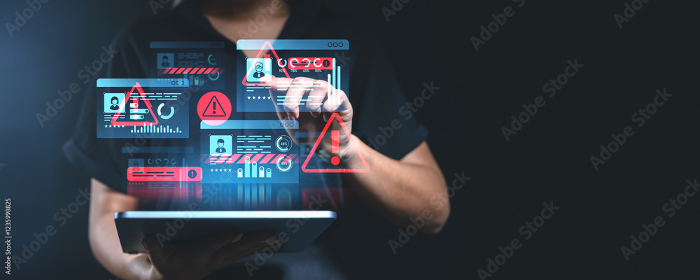 Poster digital security concept showing hands on a tablet with virtual