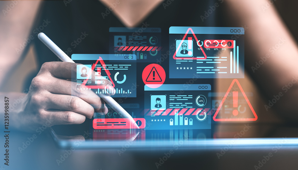 Poster cybersecurity warning displayed on digital interface with hand interacting on tablet.