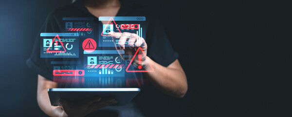 Digital security concept showing hands on a tablet with virtual