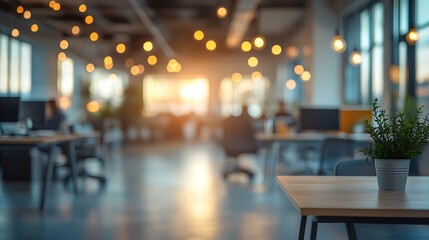 Blurred modern office interior with warm lighting and plants. Suitable for showcasing co-working spaces or design concepts
