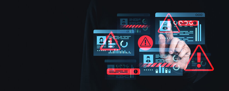 Cybersecurity warning interface with red alert symbols on digital identity screens.