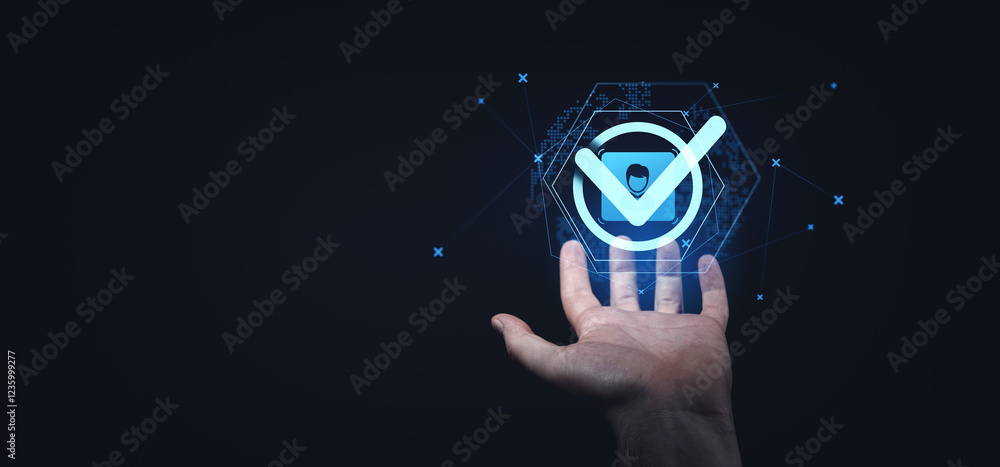 Poster digital verification concept with a glowing checkmark and user profile icon on a futuristic interfac