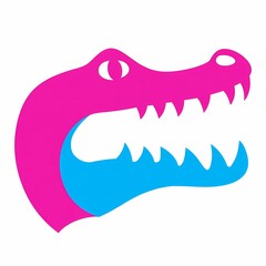 Fototapeta premium Alligator head icon in pink and blue with sharp teeth.
