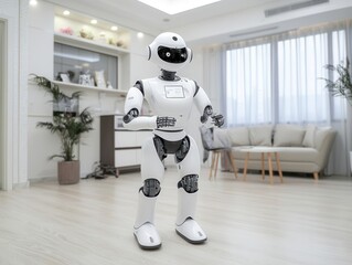 A humanoid robot standing in a modern living room.