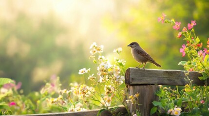 Obraz premium Bird Perched on Rustic Wooden Fence Surrounded by Blooming Garden Flowers and Greenery: Soft Sunlight and Peaceful Natural Environment Emphasizing Serenity and Beauty in a Garden Setting