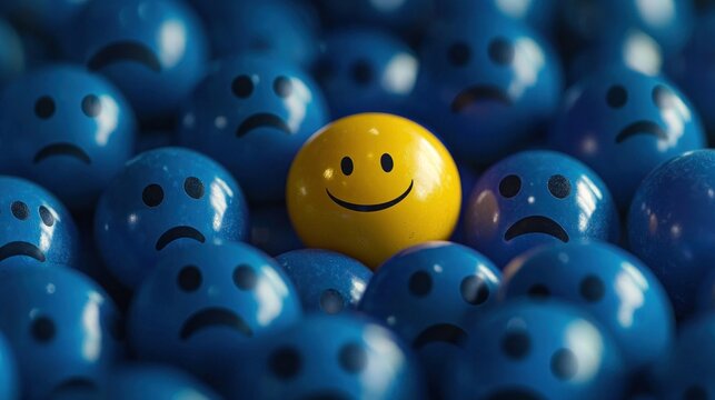 Yellow Smiley Face Among Blue Sad Faces